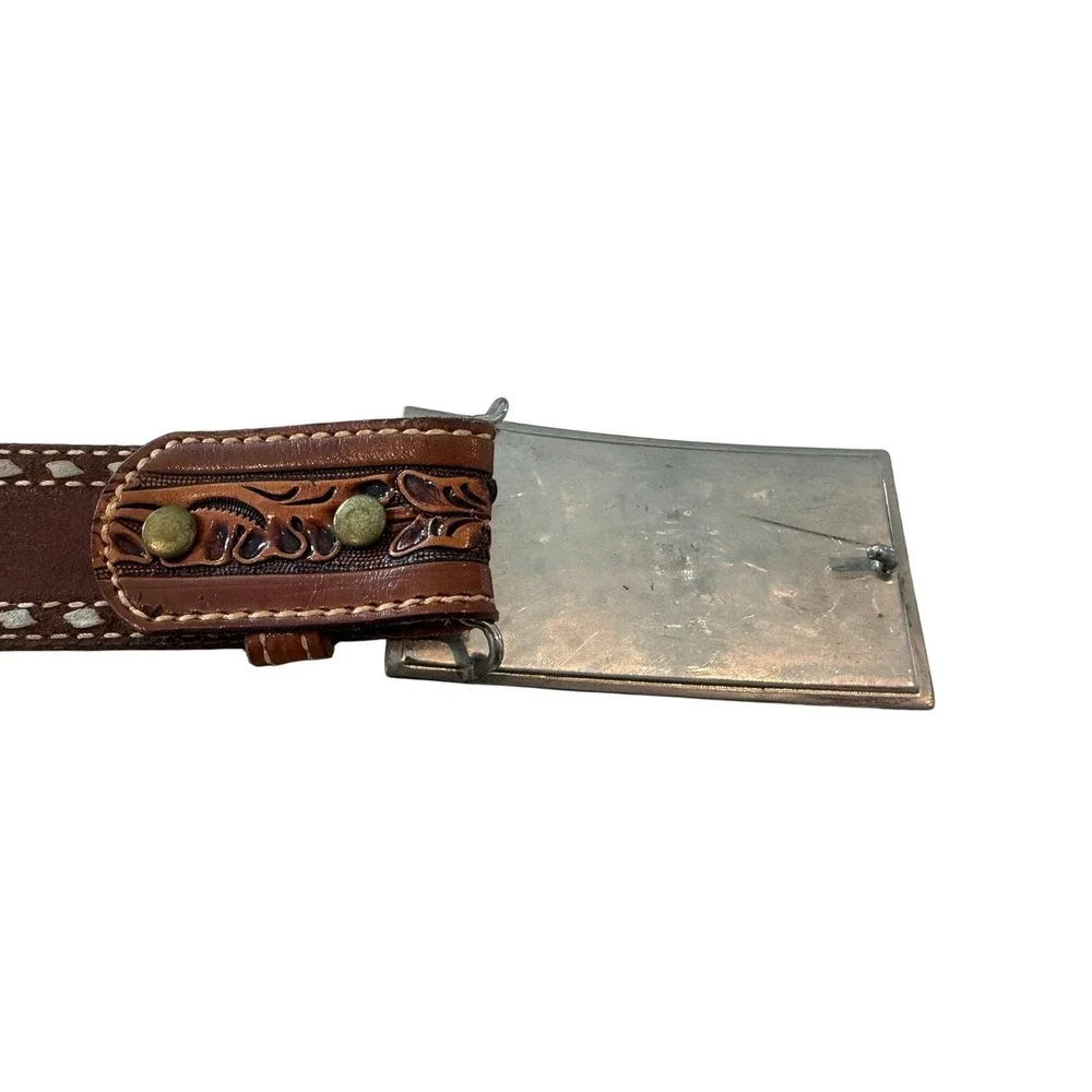 Circle Y Tooled Leather‎ Western Belt Engraved Buckle Brown Size 38